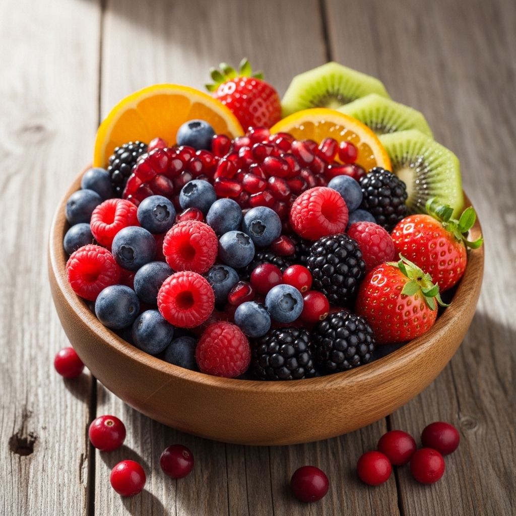 Vibrant antioxidant-rich berries and fruits arranged in a wooden bowl with natural light