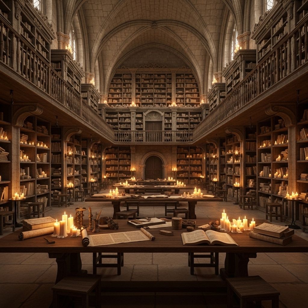 Ancient library interior with towering stone shelves filled with scrolls and manuscripts in soft candlelight