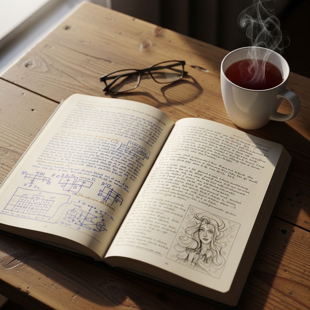 Open book pages with handwritten notes and a cup of tea on a wooden study desk